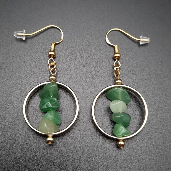 Green Agate Chakra Healing Gemstone Drop Circle Earrings Handmade Jewelry - Picture 4 of 7